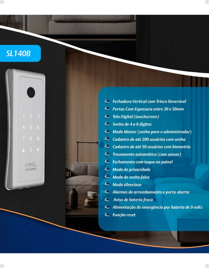 Fechadura Eletronica Papaiz Sobrepor Sl140 Bio Prata Senha Biometria Fechamento Automático Direita/Esquerda
