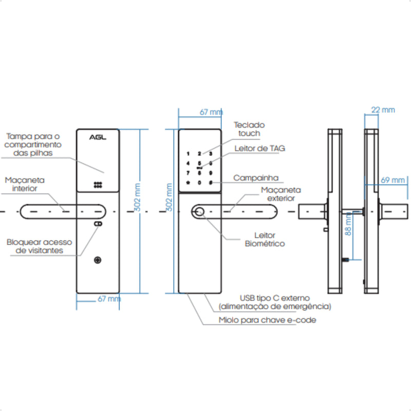 Fechadura Digital AGL H30 Silver Prata Wifi Eletronica Com Aplicativo e Biometria - C/ INSTALAÇÃO