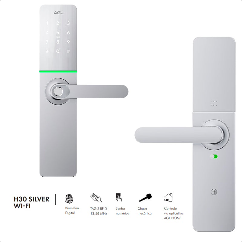 Fechadura Digital AGL H30 Silver Prata Wifi Eletronica Com Aplicativo e Biometria - C/ INSTALAÇÃO