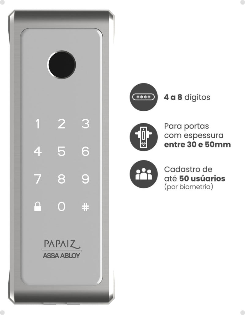 Fechadura Eletronica Papaiz Sobrepor Sl140 Bio Prata Senha Biometria Fechamento Automático Direita/Esquerda