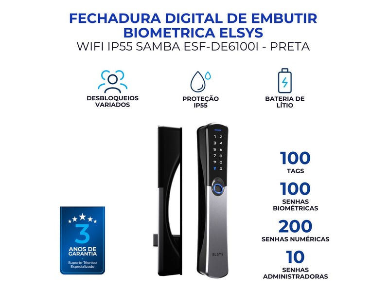 Fechadura Digital Elsys Samba Rolete Wi-fi Ip55 Externa Chuva Sol Tuya Smartlife Biométrica - com instalação
