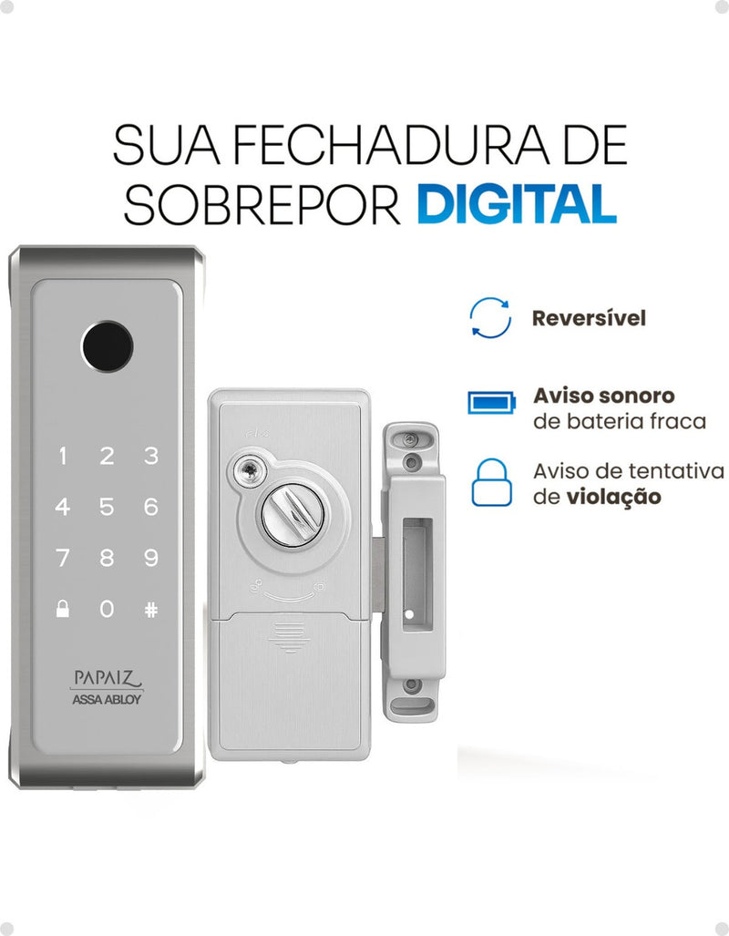 Fechadura Eletronica Papaiz Sobrepor Sl140 Bio Prata Senha Biometria Fechamento Automático Direita/Esquerda