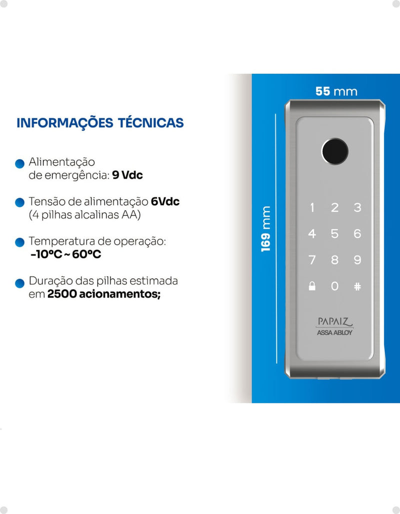 Fechadura Eletronica Papaiz Sobrepor Sl140 Bio Prata Senha Biometria Fechamento Automático Direita/Esquerda